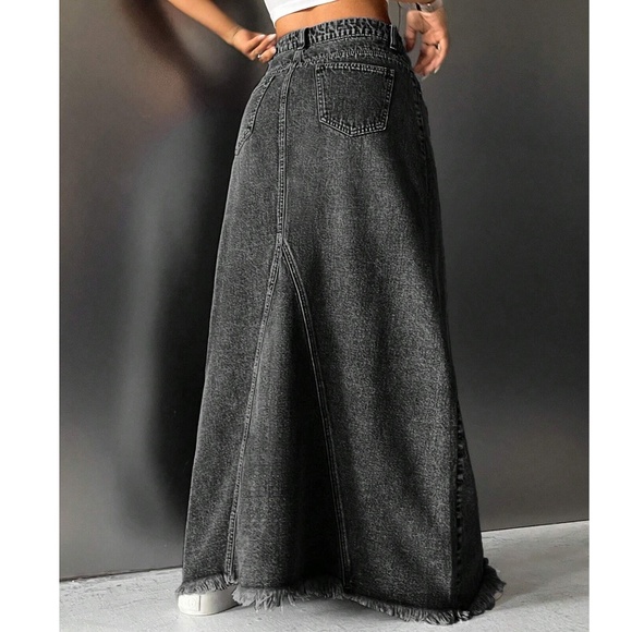 Boho Raw hem Jean Denim Pockets Maxi Skirt - Picture 2 of 4